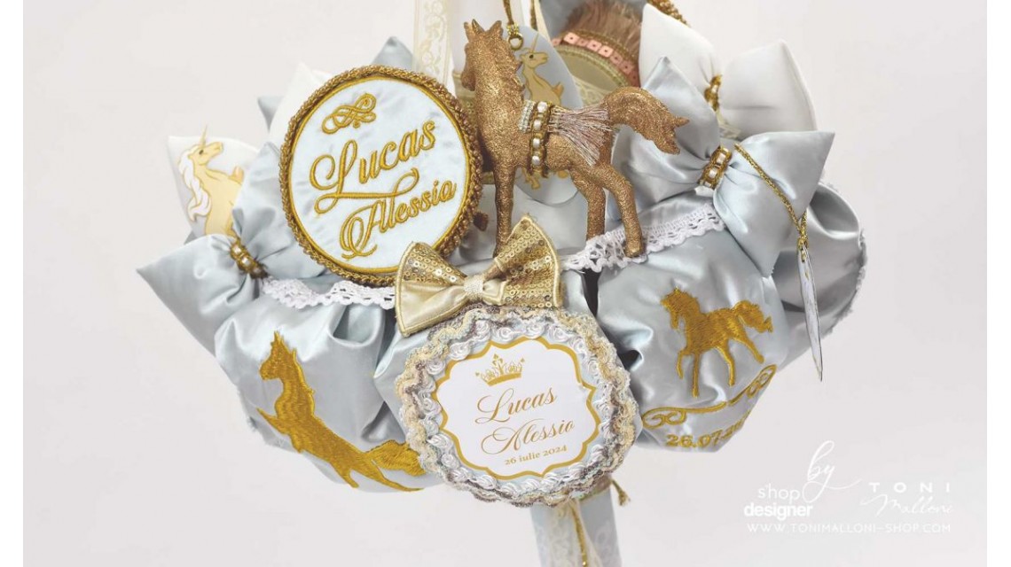 Lumanare botez regala cu broderie personalizata Royal Horse Gold 10